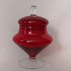 Lovely Vintage Red Italian Empoli Apothecary Covered Dish w/ Orange Glow on Edge
